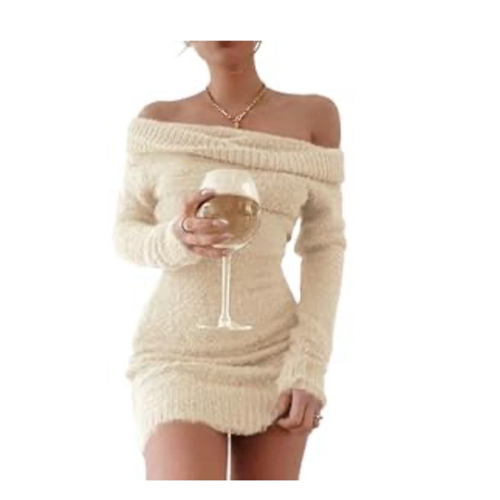 Off-Shoulder Cream Sweater Dress